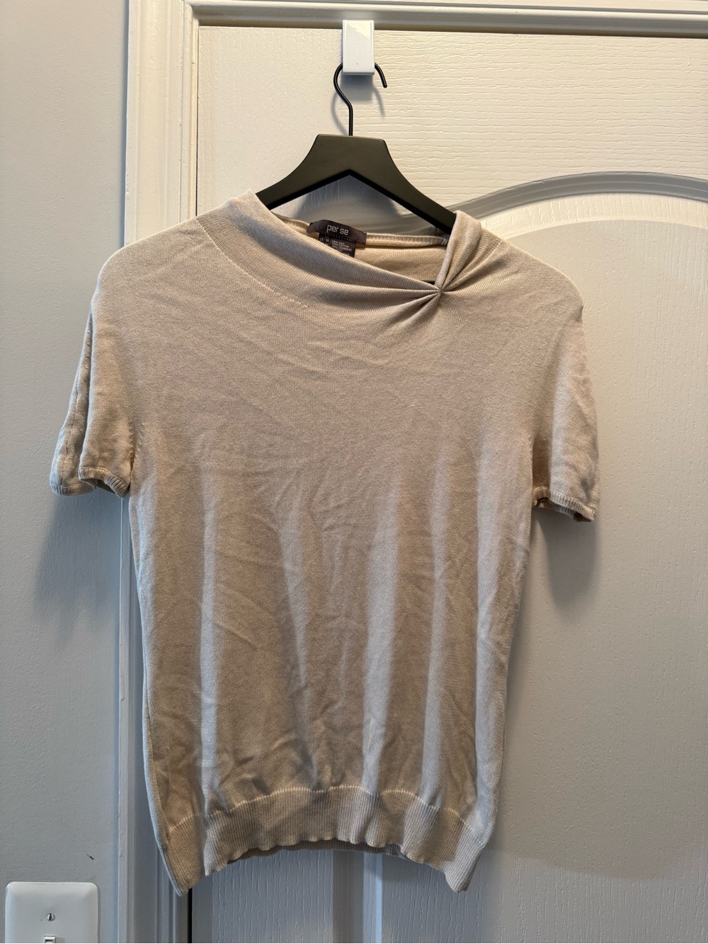 Per Se Short-Sleeve Twist Neck Top — Beige/Off white
